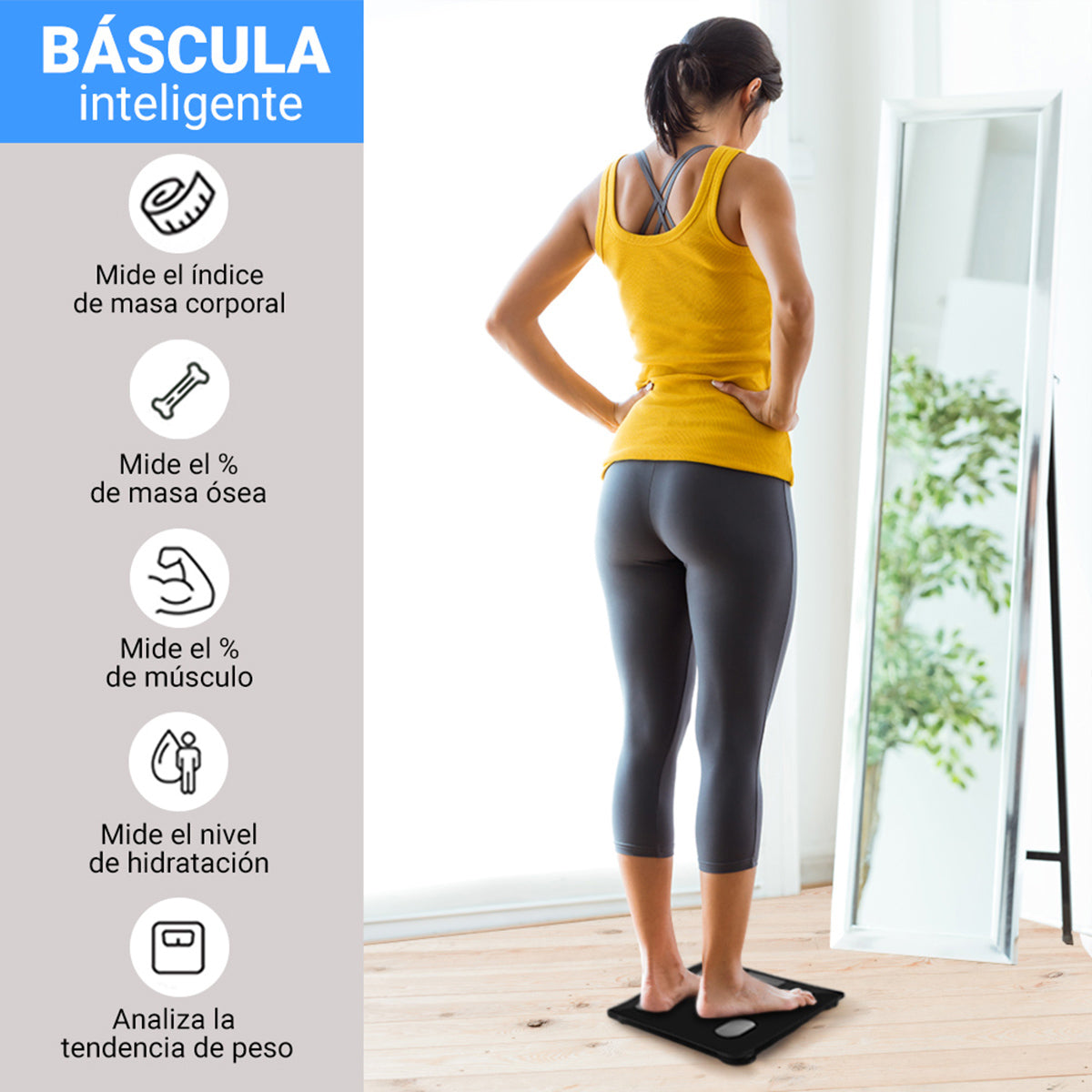 Mujer pesandose en bascula de bioimpedancia que mide grasa corporal y masa muscular