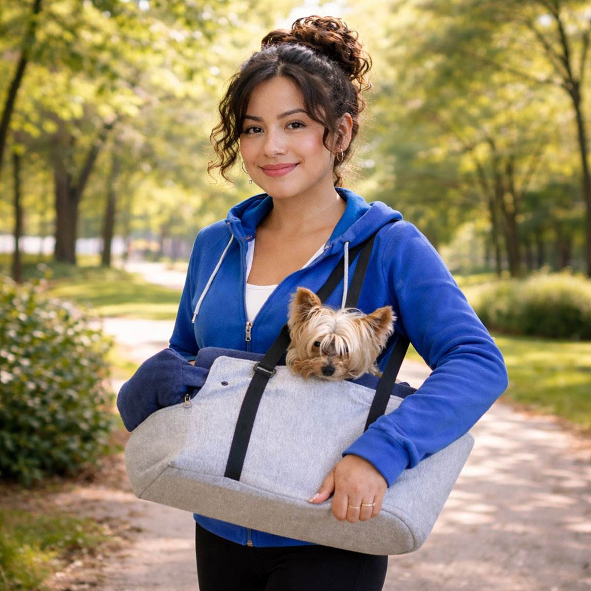Mujer transportando cómodamente a su perro pequeño en el bolso Lo Necesito estilo mochila durante un paseo