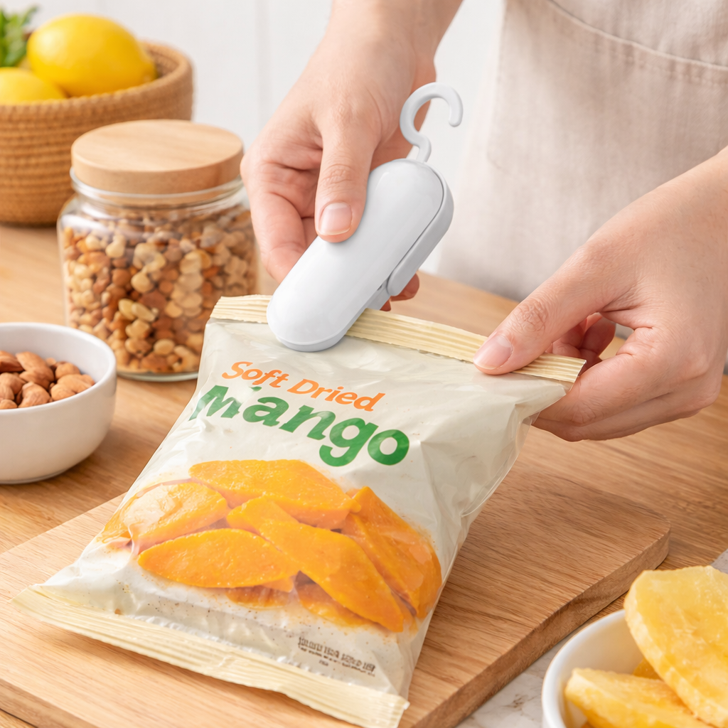 Mujer utilizando selladora de bolsas termica para mantener la frescura de sus snacks