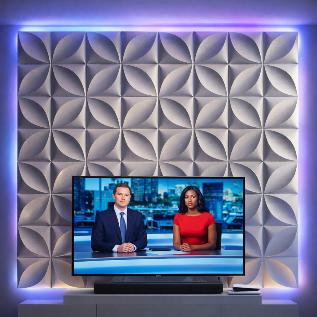 Muro de acento moderno con paneles 3D florales instalados detras de una television, creando un fondo decorativo sofisticado y aesthetic en una sala