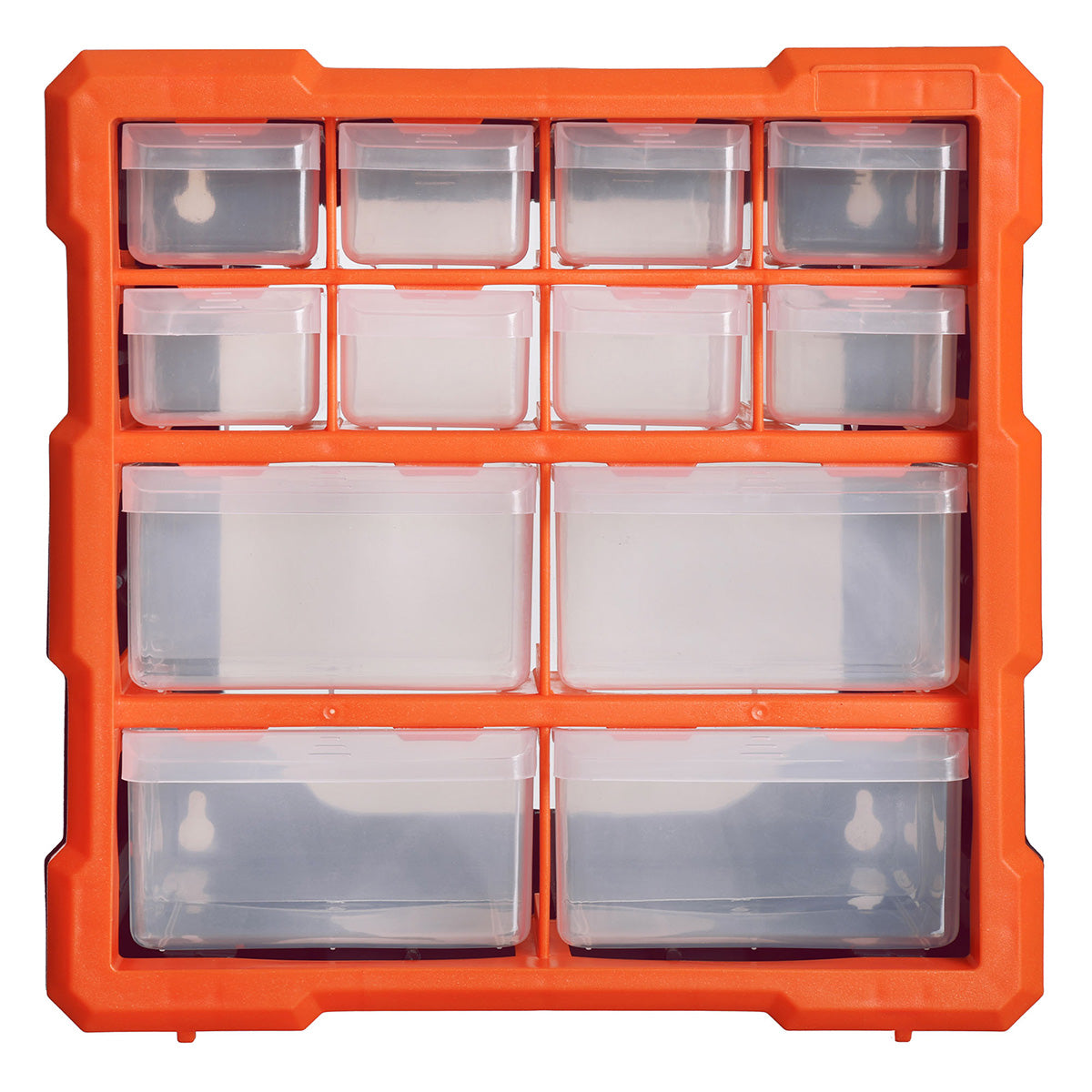 Organizador Multibox de 12 cajones en color naranja y negro para almacenamiento de piezas pequeñas de Lo Necesito
