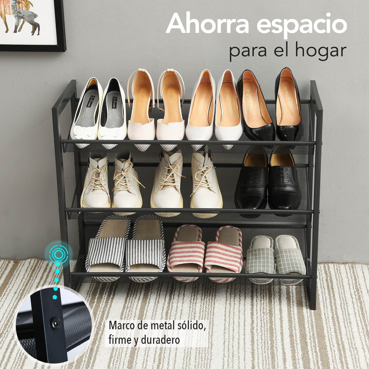 Organizador de calzado de 3 niveles lleno con zapatos de tacón y calzado diverso, demostrando su gran capacidad de almacenamiento y ahorro de espacio