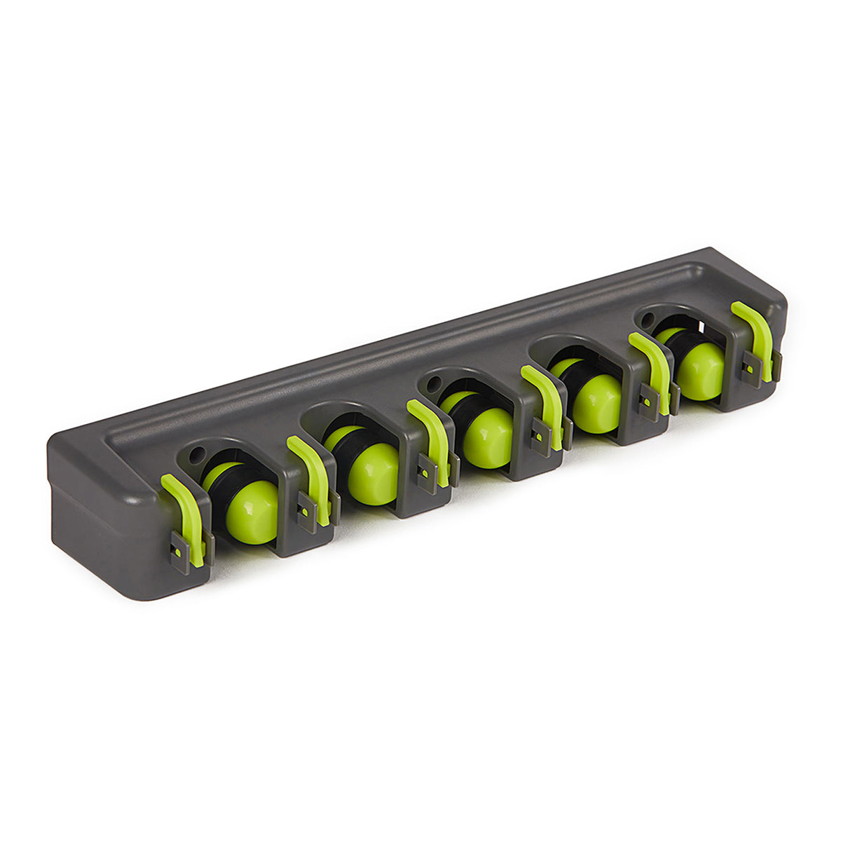 Organizador de escobas y trapeadores de pared en color gris con detalles verdes