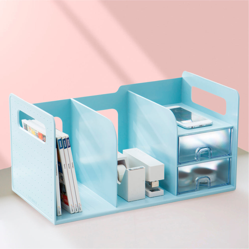 
                  
                    Organizador de libros para escritorio con cajones.
                  
                