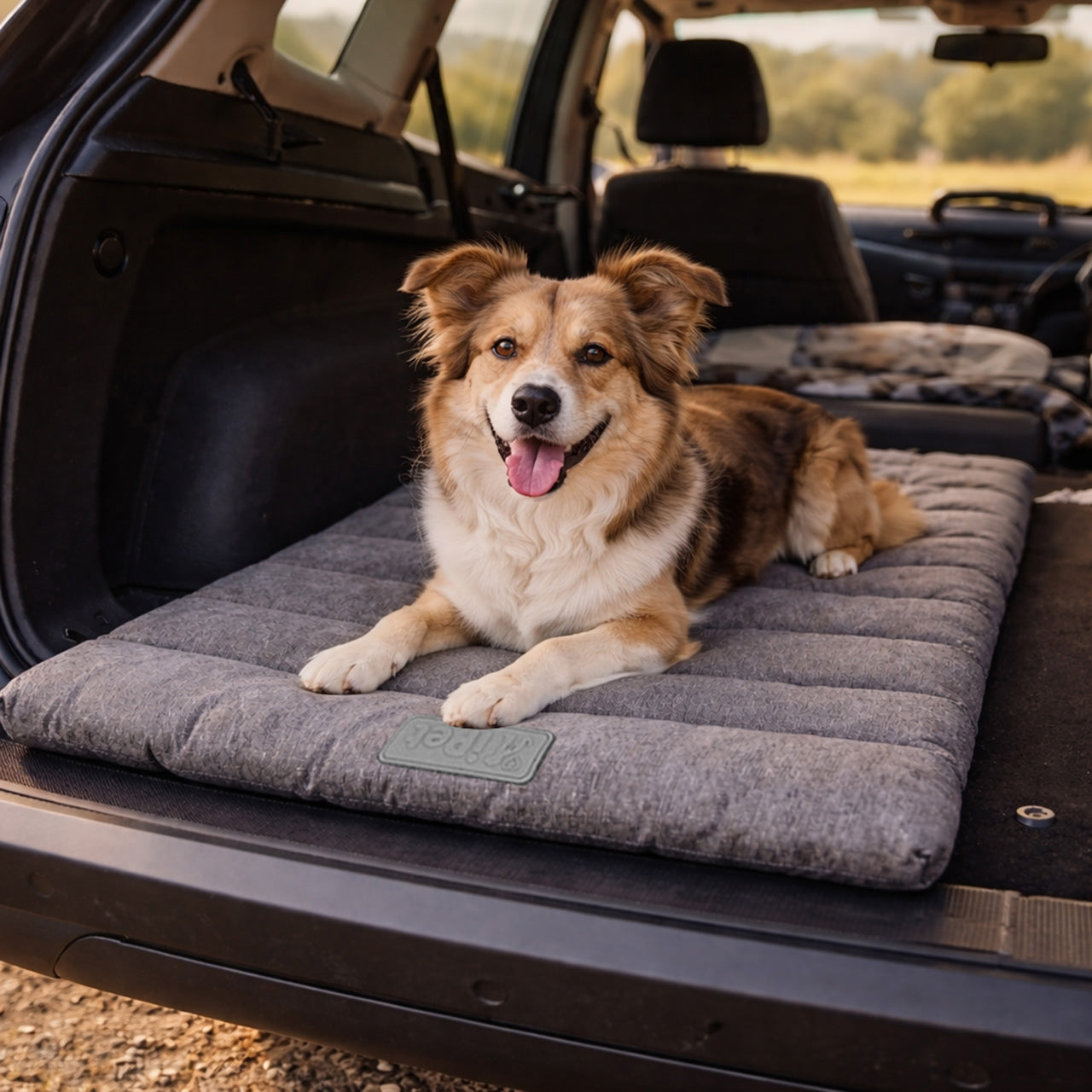 Perro descansando sobre el tapete acolchado en un día de campo, resaltando su comodidad y resistencia