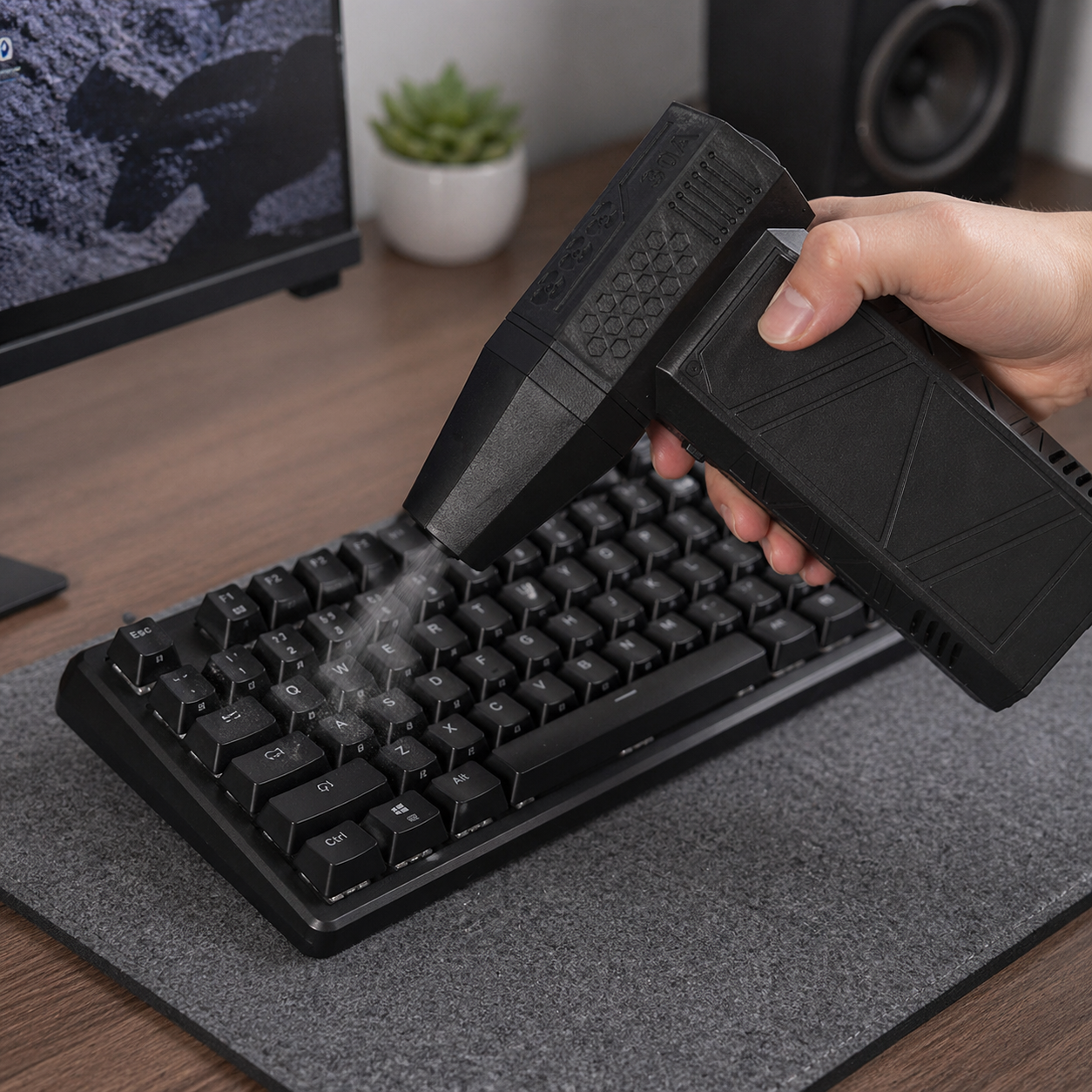 Pistola de aire potente utilizada como limpiador de teclado para eliminar polvo