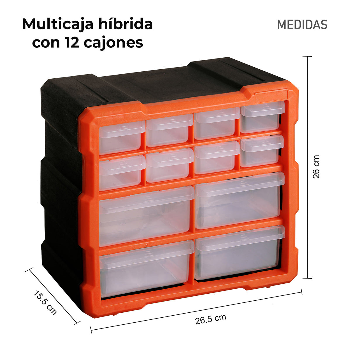 Primer plano de las gavetas transparentes del organizador híbrido, ideales para identificar tornillería o papelería al instante