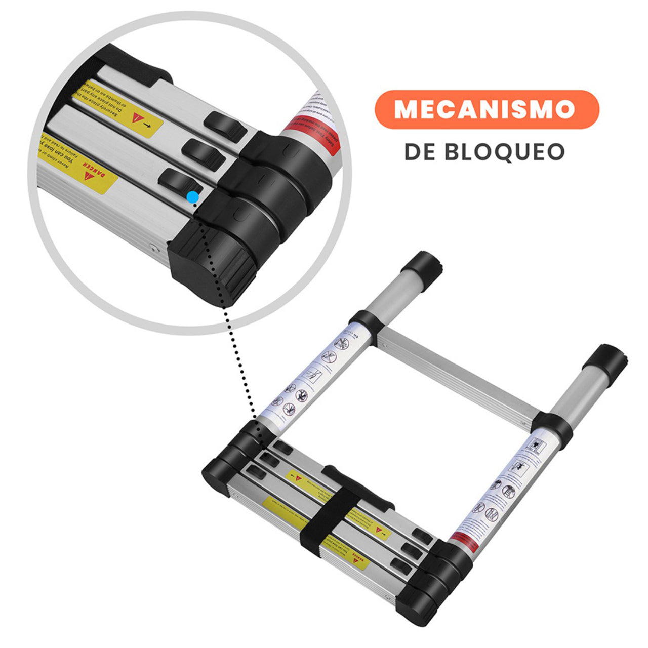 Primer plano del mecanismo de bloqueo de seguridad reforzado en los peldaños de la escalera telescopica para un uso estable