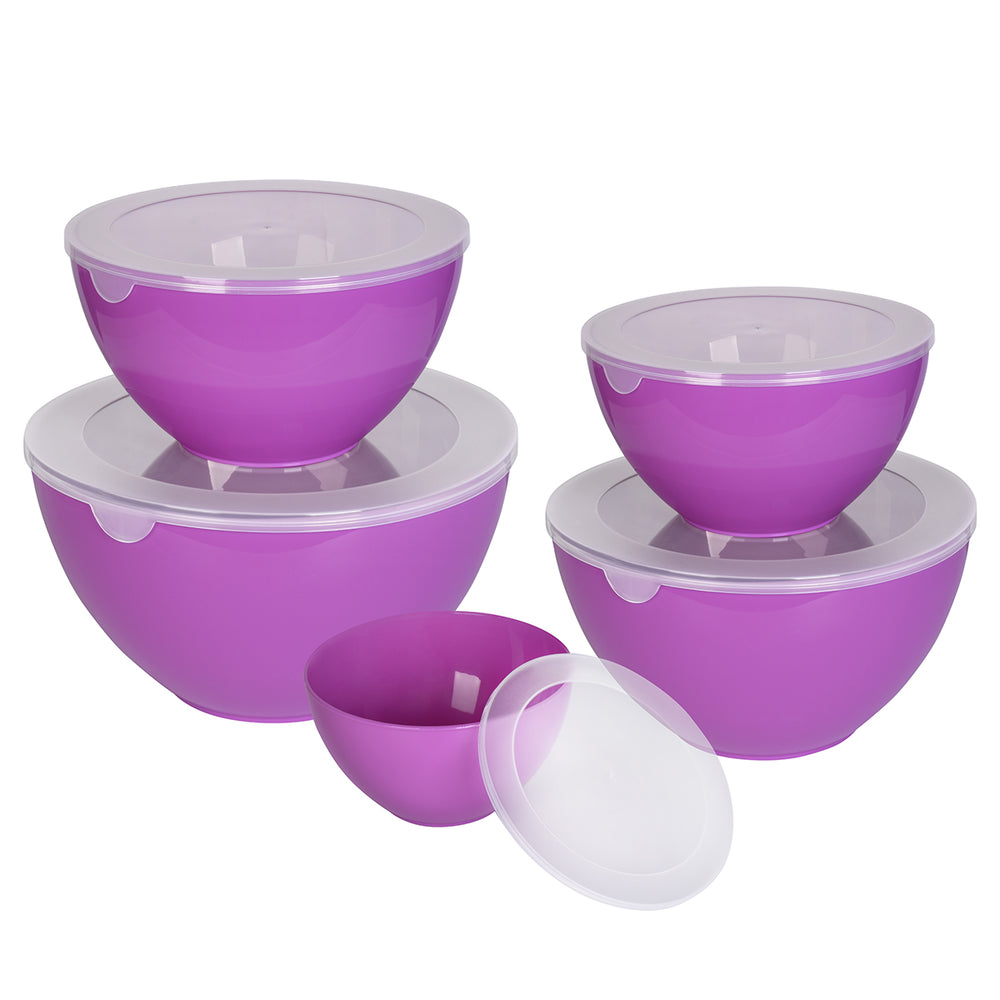 Set de 5 recipientes bowls de plástico con tapa.