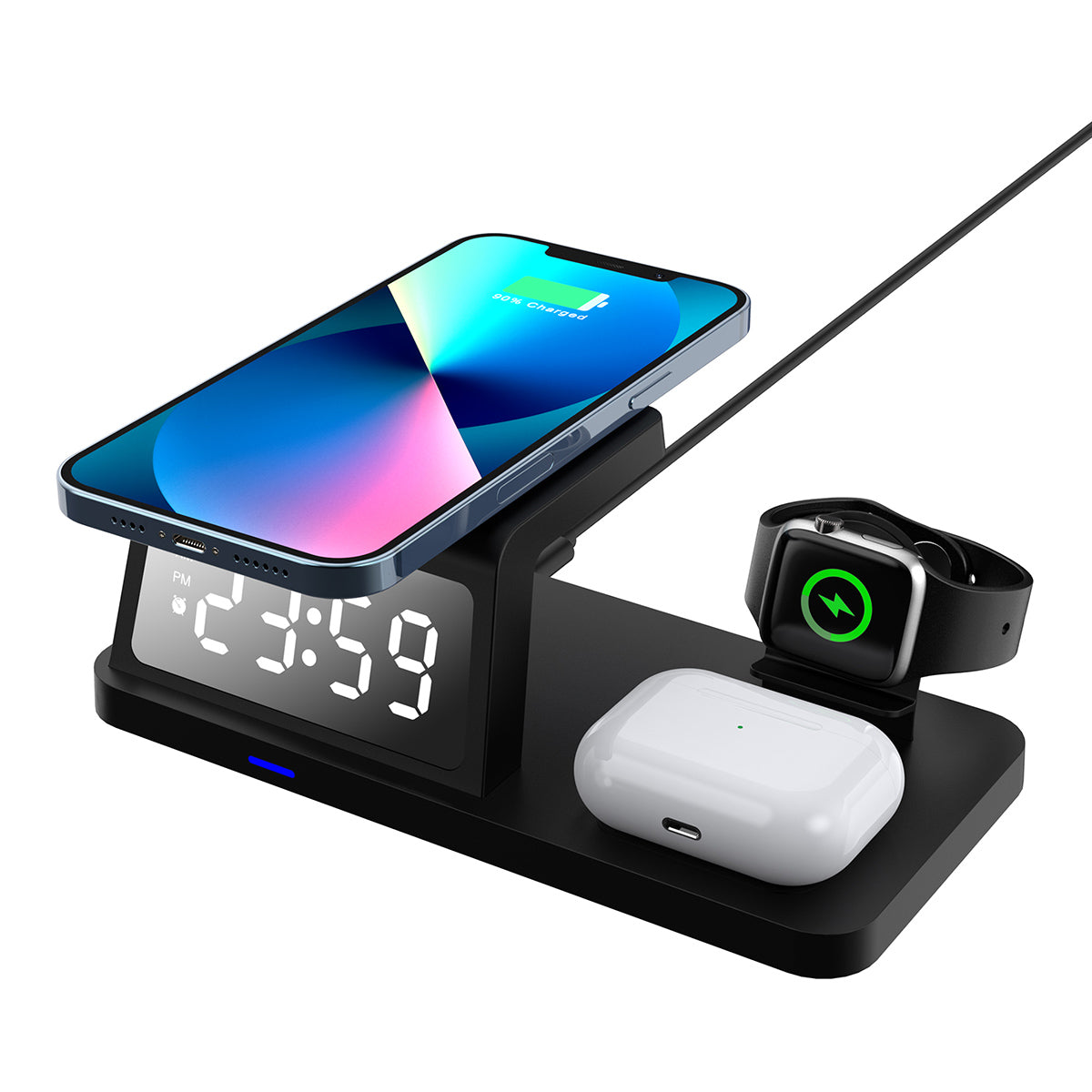Reloj digital despertador negro con estacion de carga de escritorio Alpha Mobile sobre fondo blanco