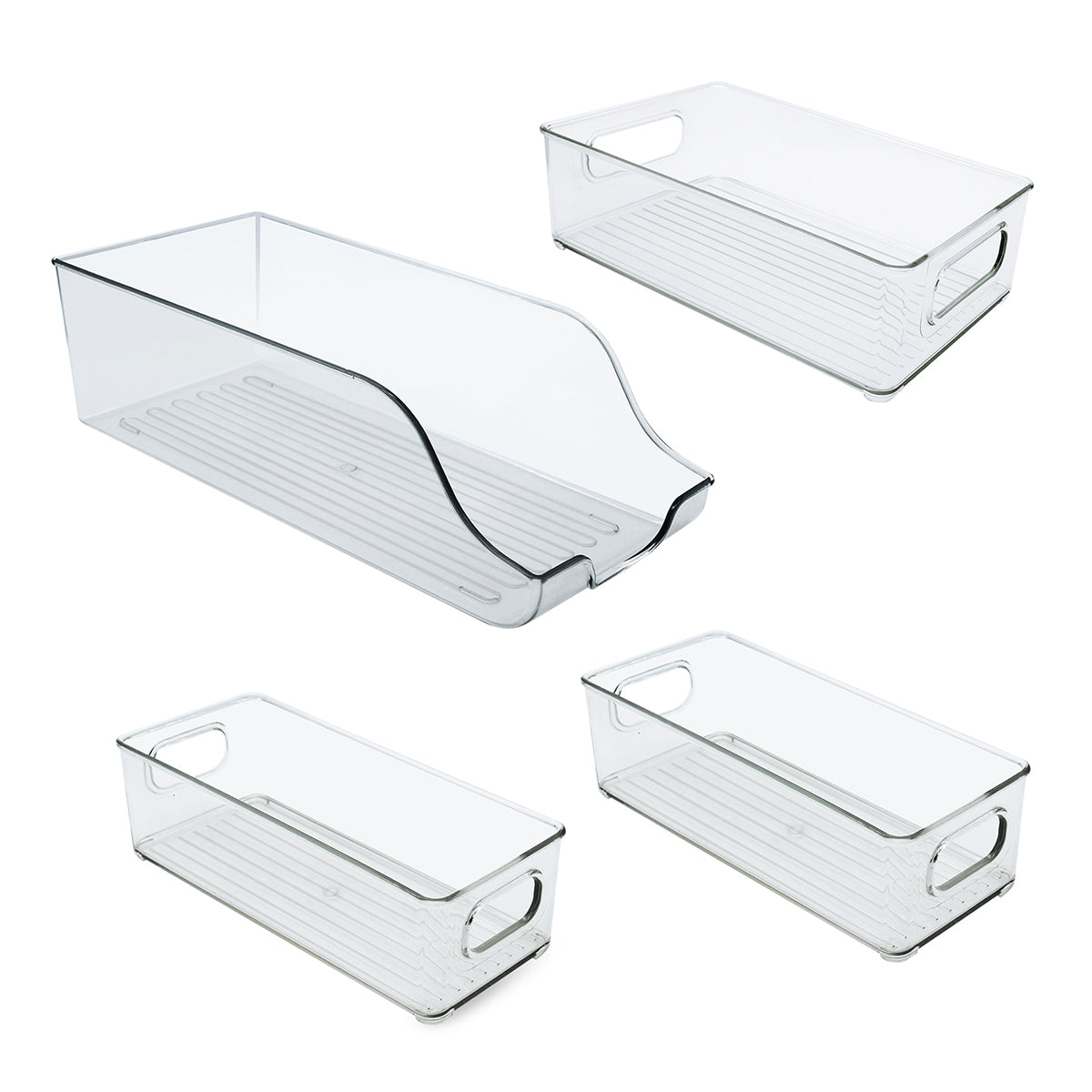 Set de 4 cajas de almacenamiento transparentes para cocina y despensa con asas laterales sobre fondo blanco