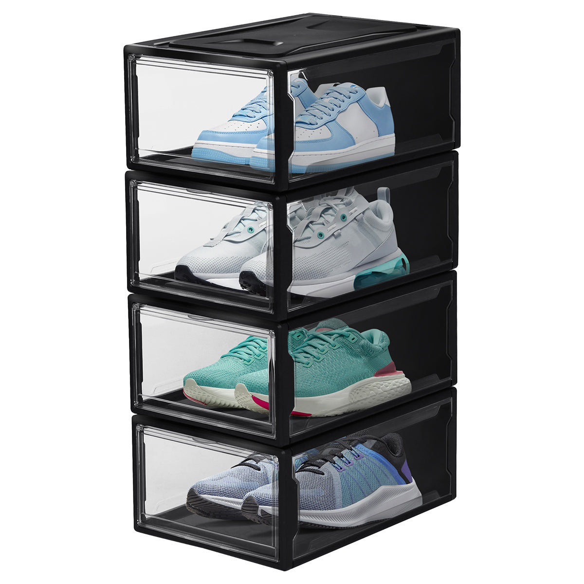 Set de 4 cajas para zapatos transparentes apilables con cierre magnetico