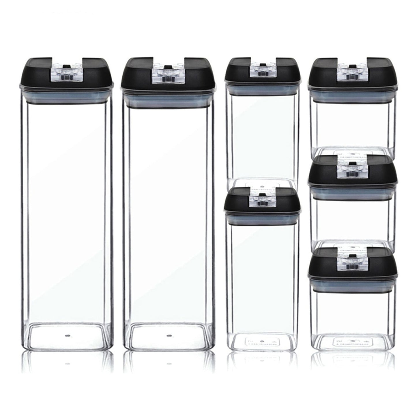 Set de 7 contenedores herméticos de acrílico transparente con tapa negra Lo Necesito para organización de cocina.