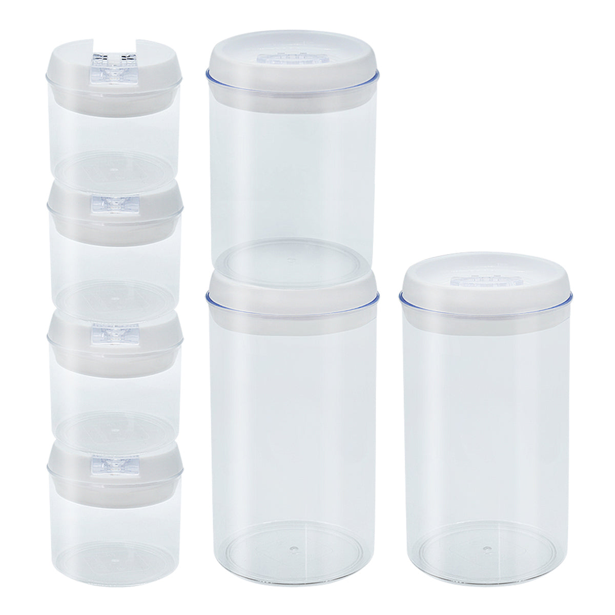 Set de 7 contenedores redondos hermeticos de acrilico transparente con tapas blancas sobre fondo blanco de Lo Necesito