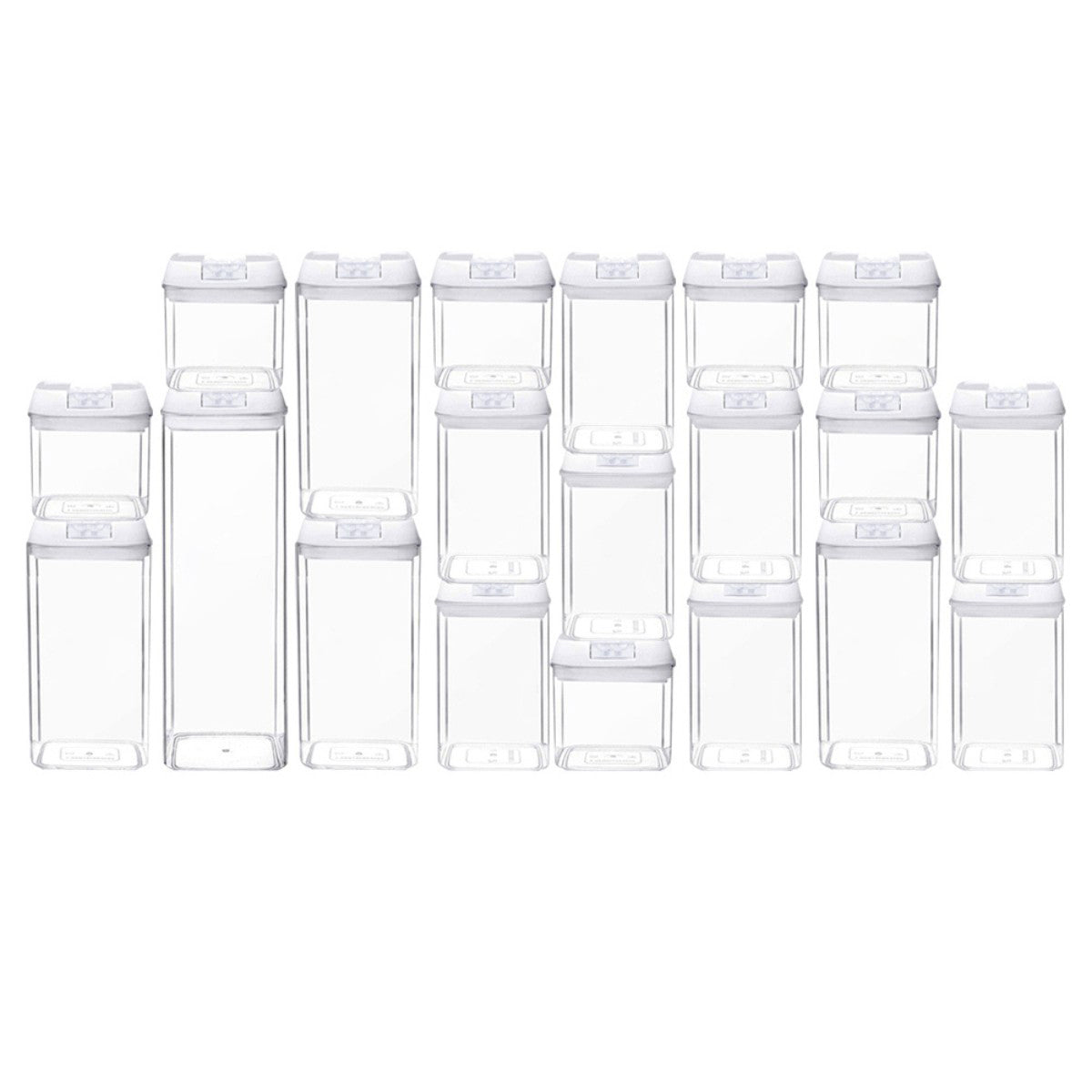 Set master de 20 contenedores herméticos cuadrados AG Box transparentes con tapa blanca para remodelación de alacena profesional