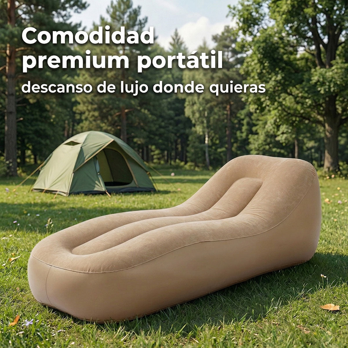 Sofa inflable portatil utilizado en un jardin, destacando su material resistente