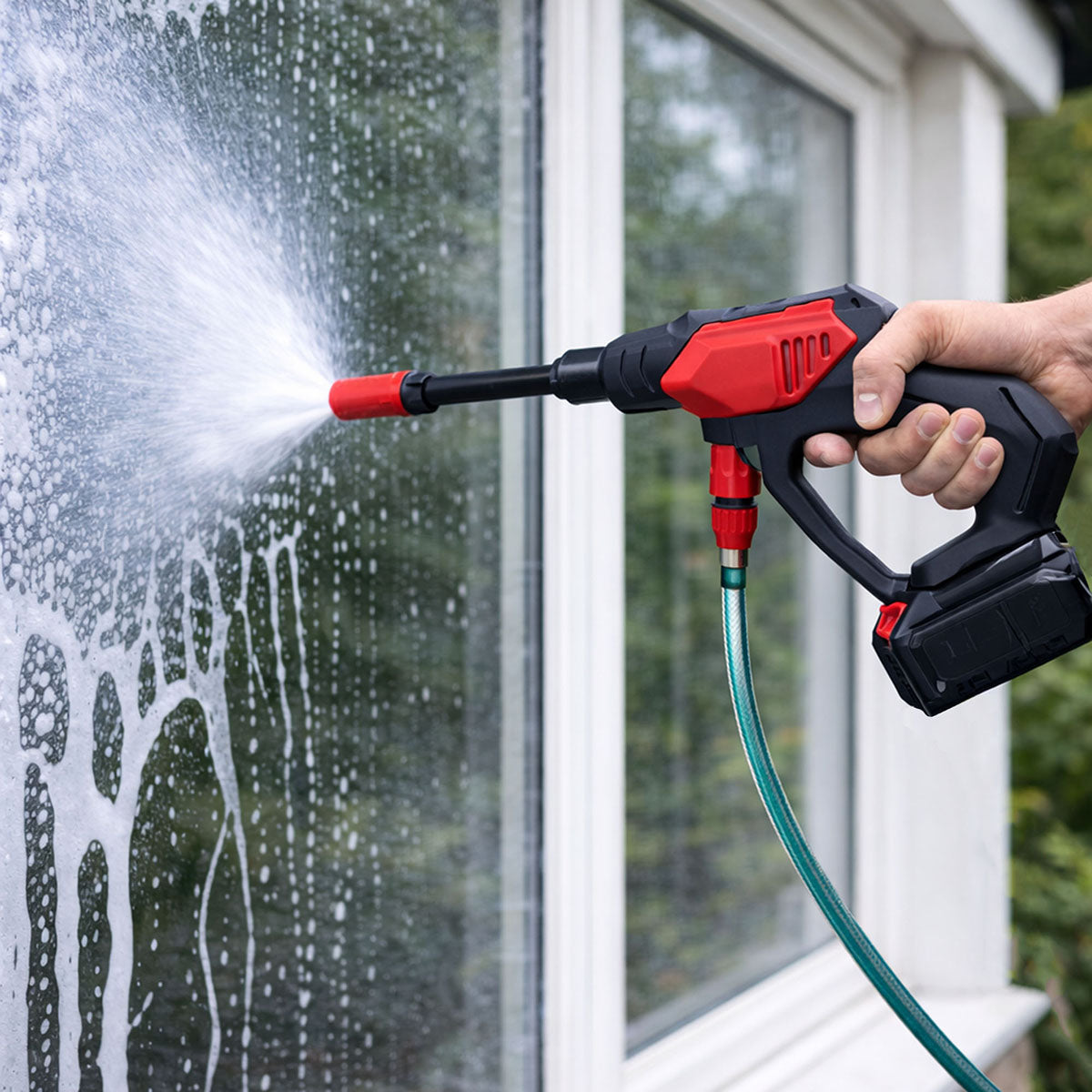 Uso de la hidrolavadora inalambrica portatil para la limpieza de vidrios y ventanas exteriores con chorro de agua a presion