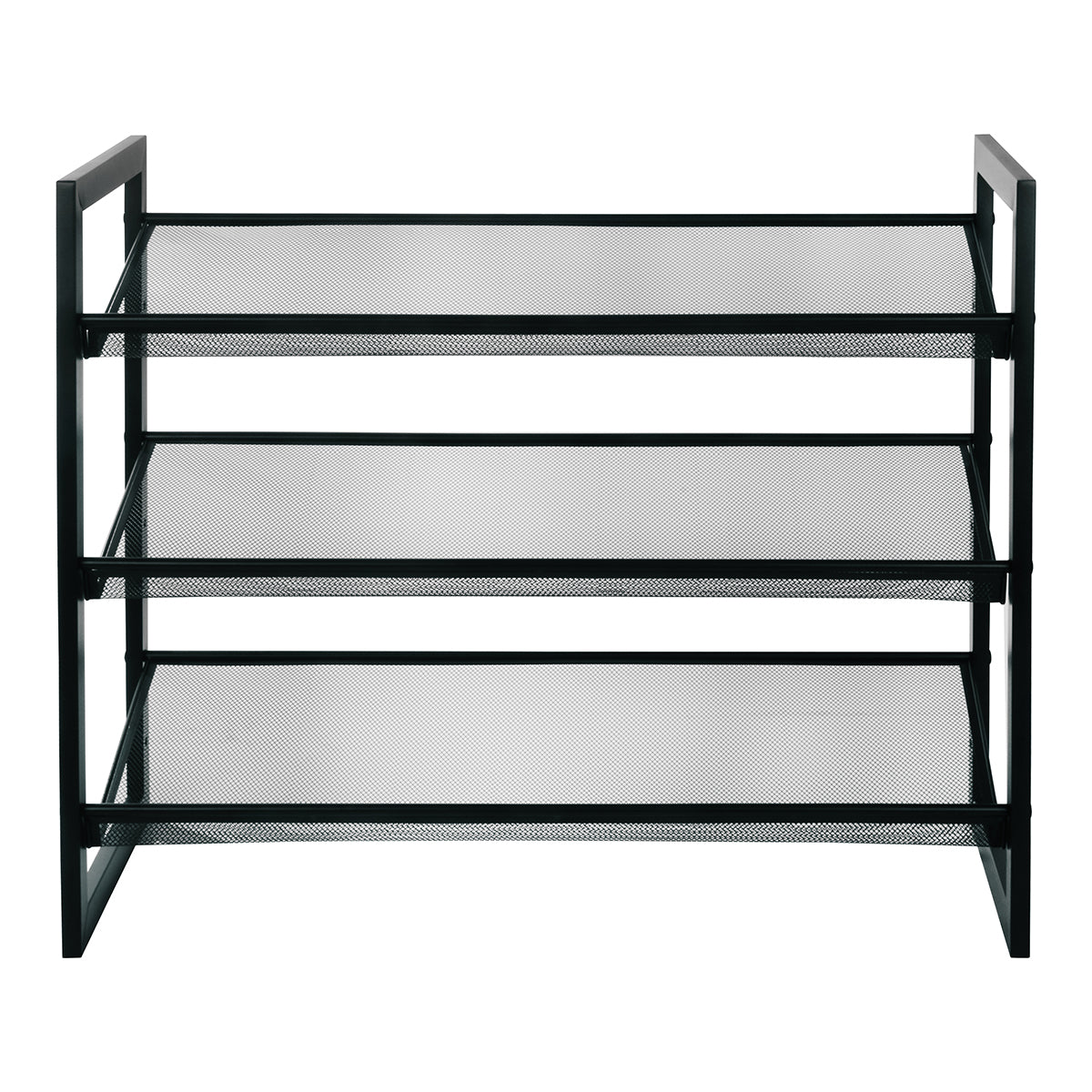 Zapatera de plastico apilable de 3 niveles Lo Necesito en colores azul, blanco y gris, diseñada como un organizador de calzado modular sobre fondo blanco