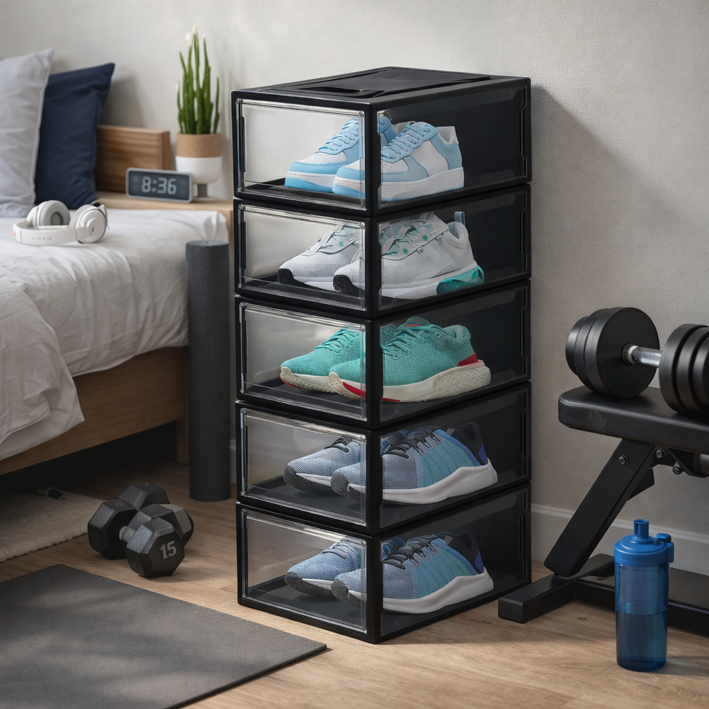 Zapateras transparentes apilables formando un sneaker wall profesional para tenis de coleccion