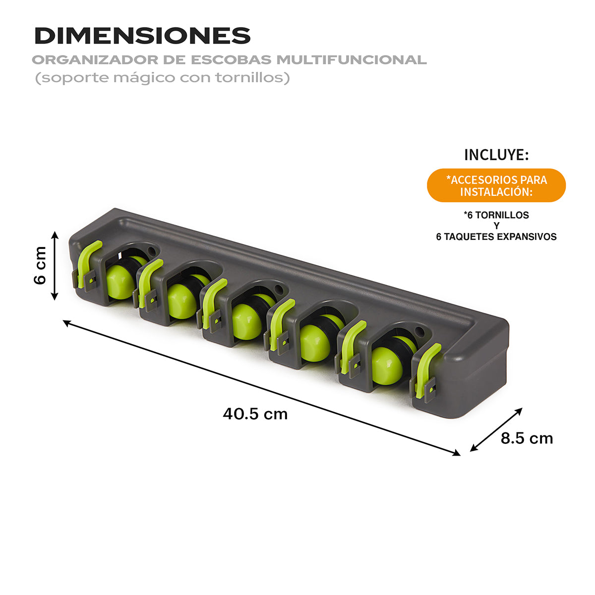 infografia con medidas del doporte de pared para escobas y trapeadores