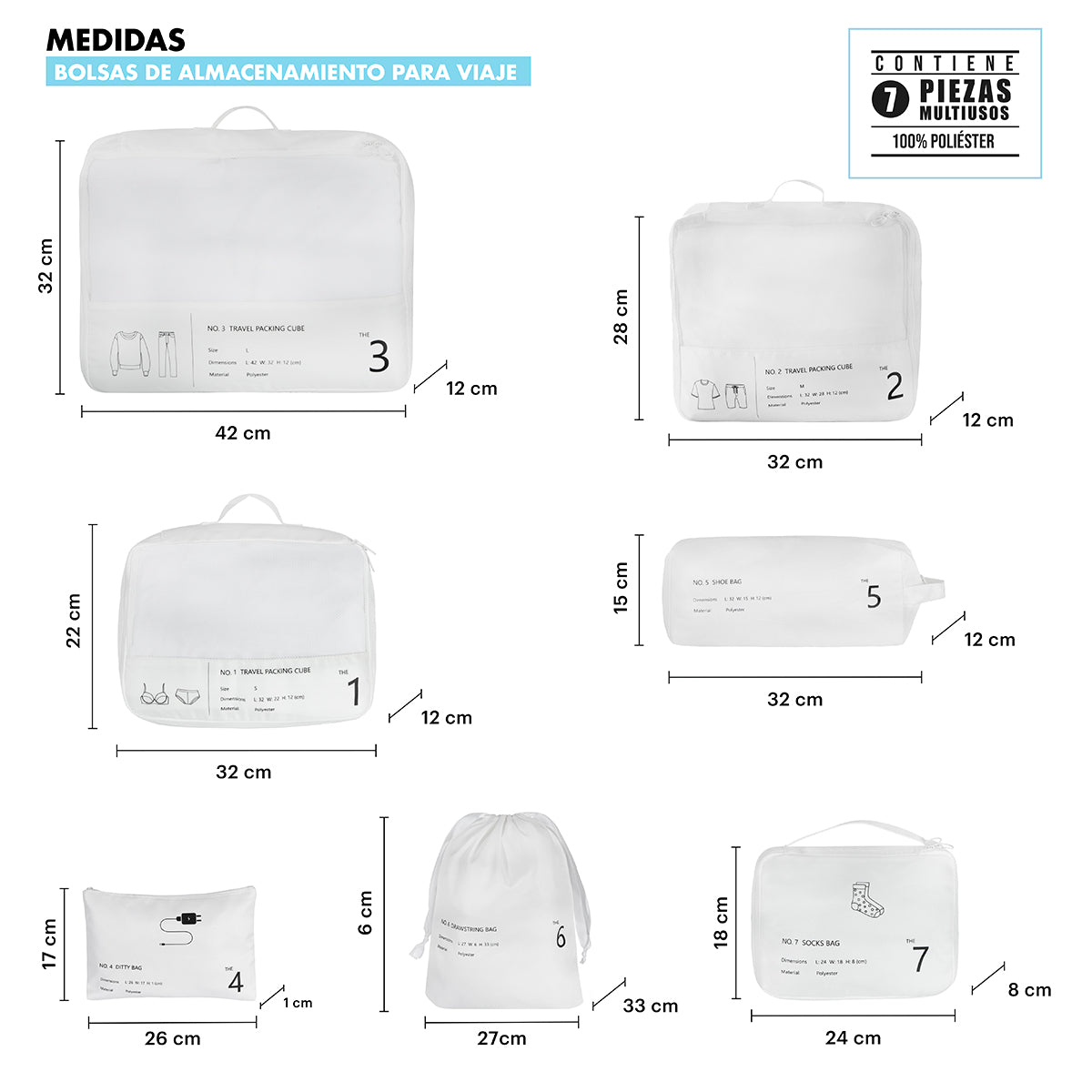 infografia de los diferentes tamaños de las bolsas de organizacion de lo necesito