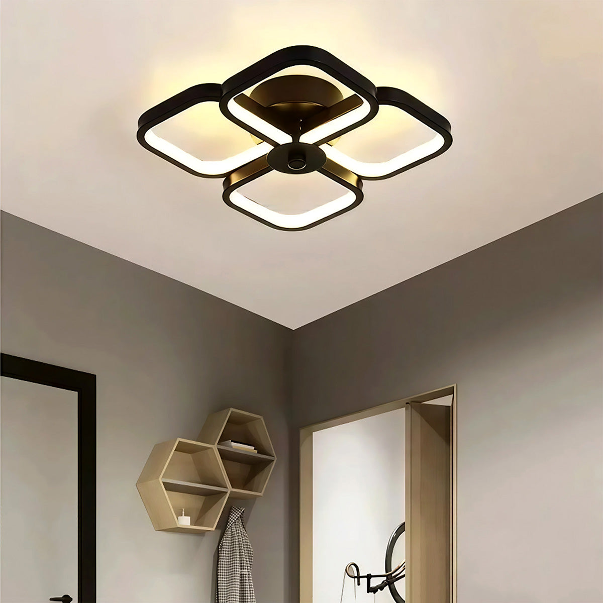 lampara negra led mate colocada en el techo de una casa viendose elegante
