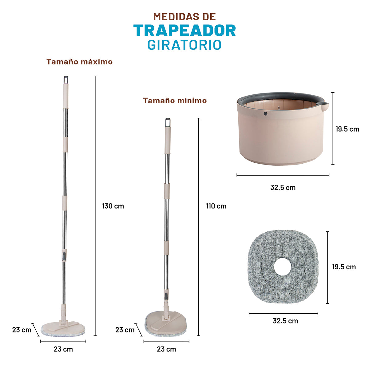 medidas de la mopa electrica asi como de la cubete y reemplazo de microfibra 