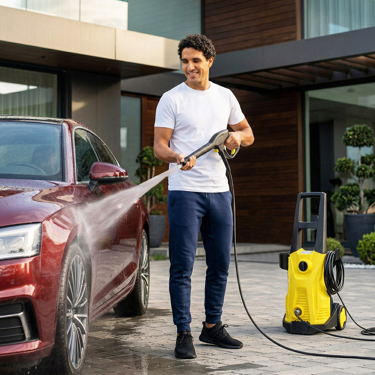 persona utilizando la hidrolavadora electrica Lo Necesito de 1500W para el lavado de autos demostrando la potencia de limpieza en rines y carroceria