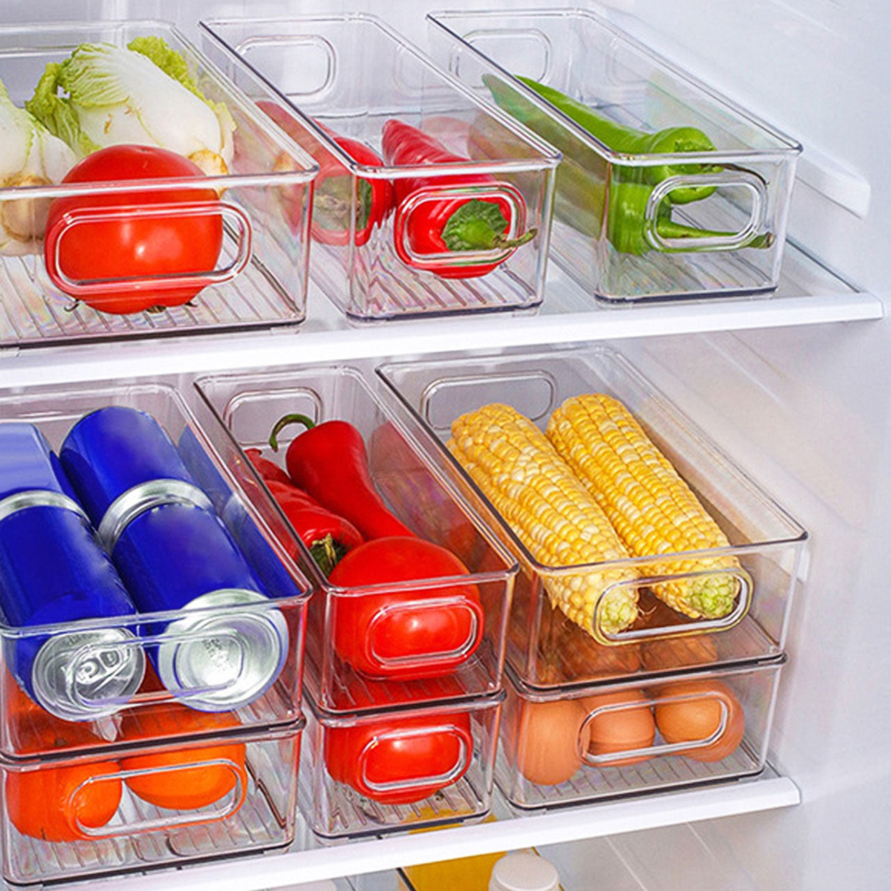 set de 8 contenedores acrilicos transparentes apilables siendo utilizados para la organizacion en un refrigerador